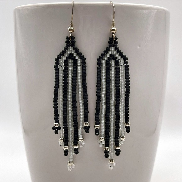 Seed Bead Fringe Dangle Earrings Black White Striped Glass Beads Sterling Silver - Picture 5 of 5